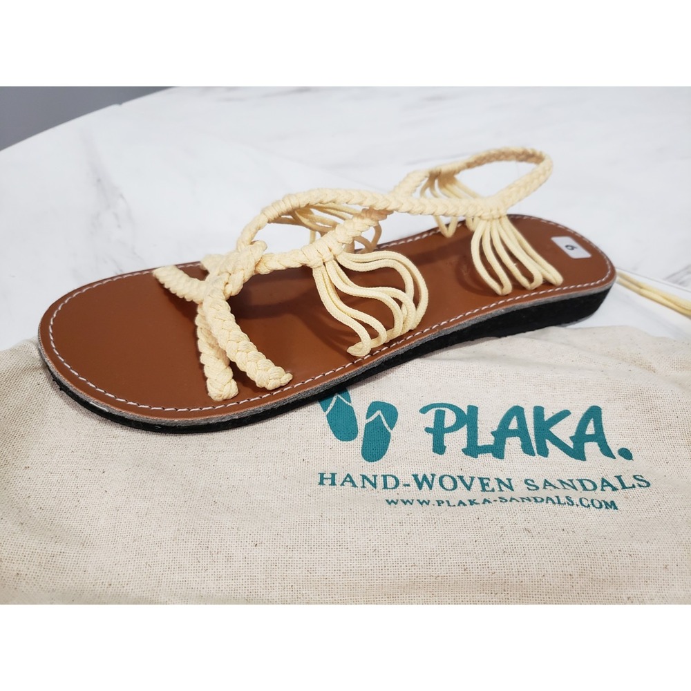 NEW SIZE‎ 9 Plaka Palm Leaf Flat Woven Summer Sandals Strappy Gladiator Yellow
